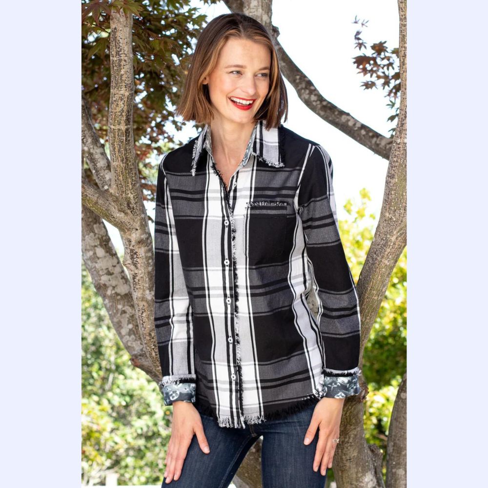 Black &amp; White Plaid Fringed Shirt