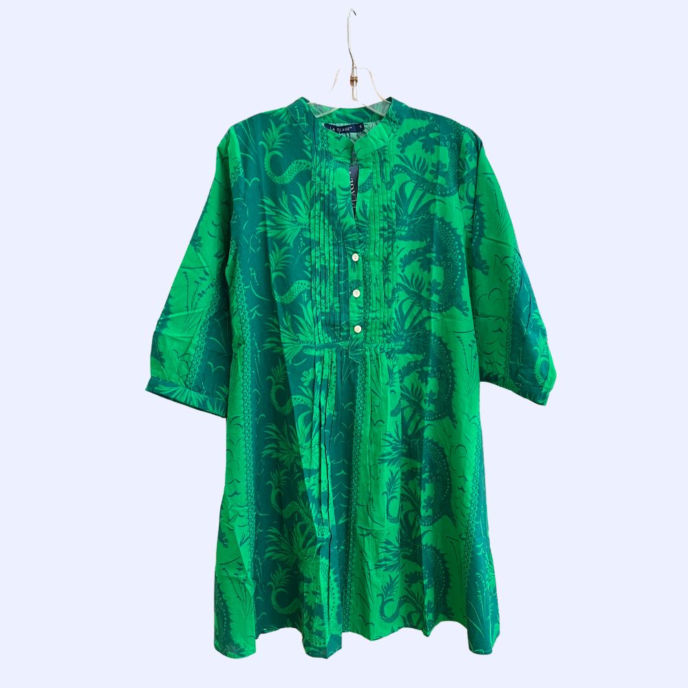 Green Print Pin Tuck Dress