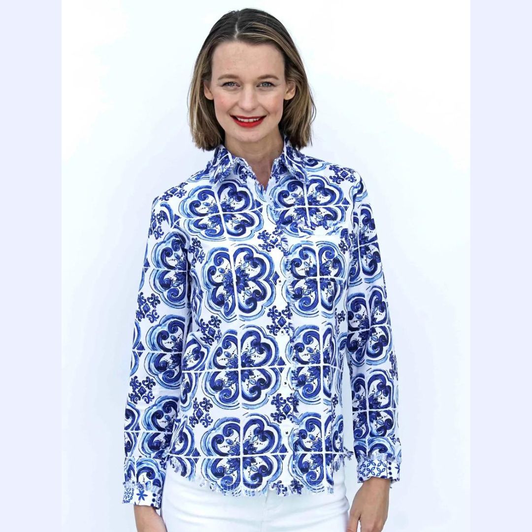 Blue &amp; White Tile Print Shirt