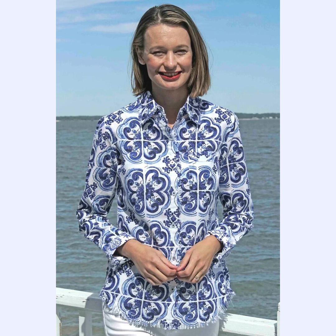 Blue &amp; White Tile Print Shirt