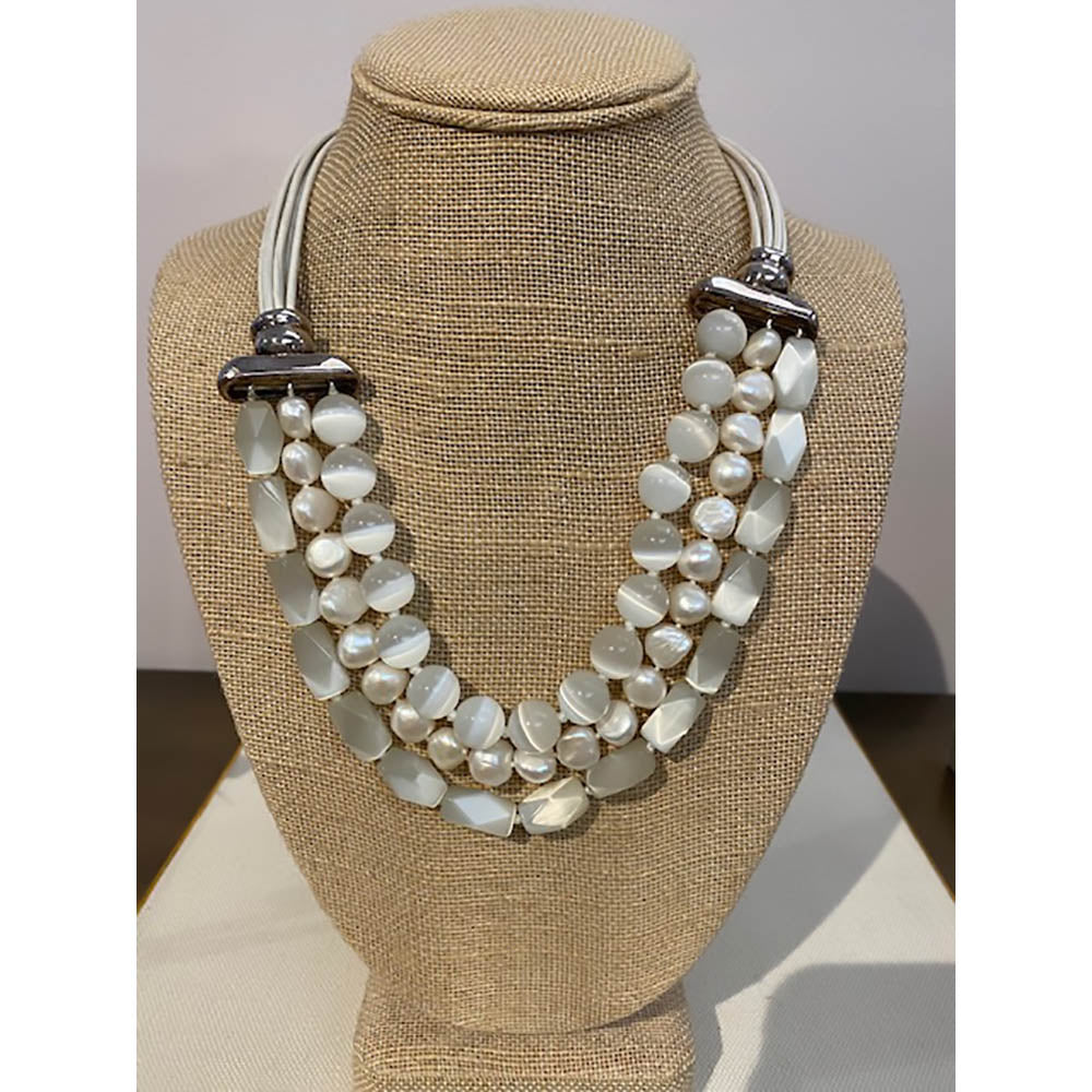 Pearl Leather and Cat&#39;s Eye 3 Strand Necklace